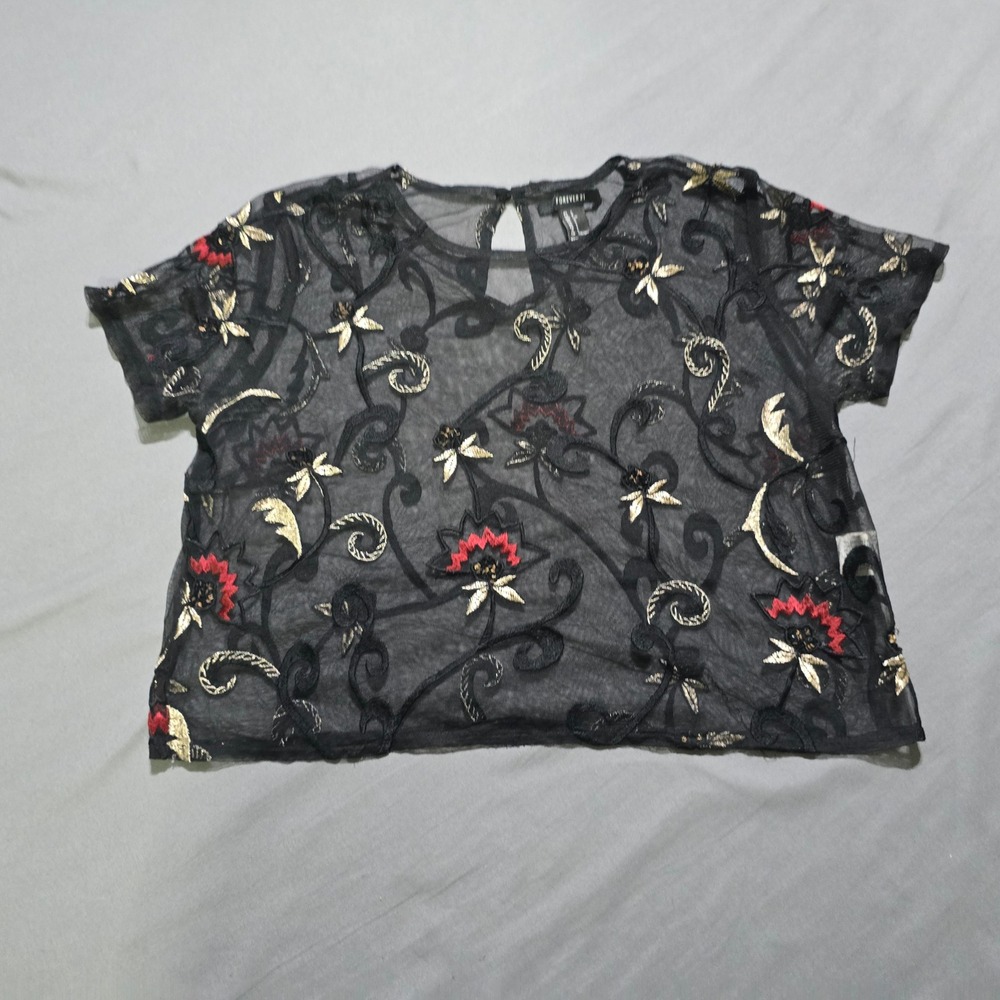 Mesh Top Women Large Black Floral Embroidered Sheer Keyhole Back Festival